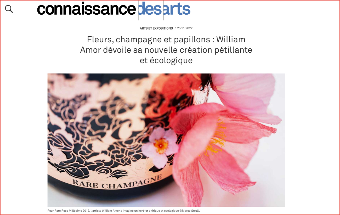 Fidèle à ses valeurs humaines, William Amor dévoile la première née d’une série de créations imaginée pour la marque Rare Champagne. Les bénéfices de la vente de cette collection seront reversés à des associations sociales et environnementales.